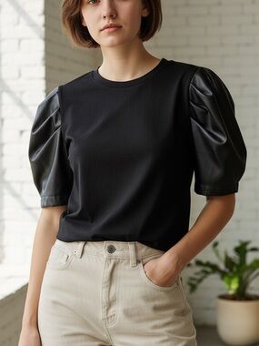 Strut and Bolt Leather Puff Sleeve Top